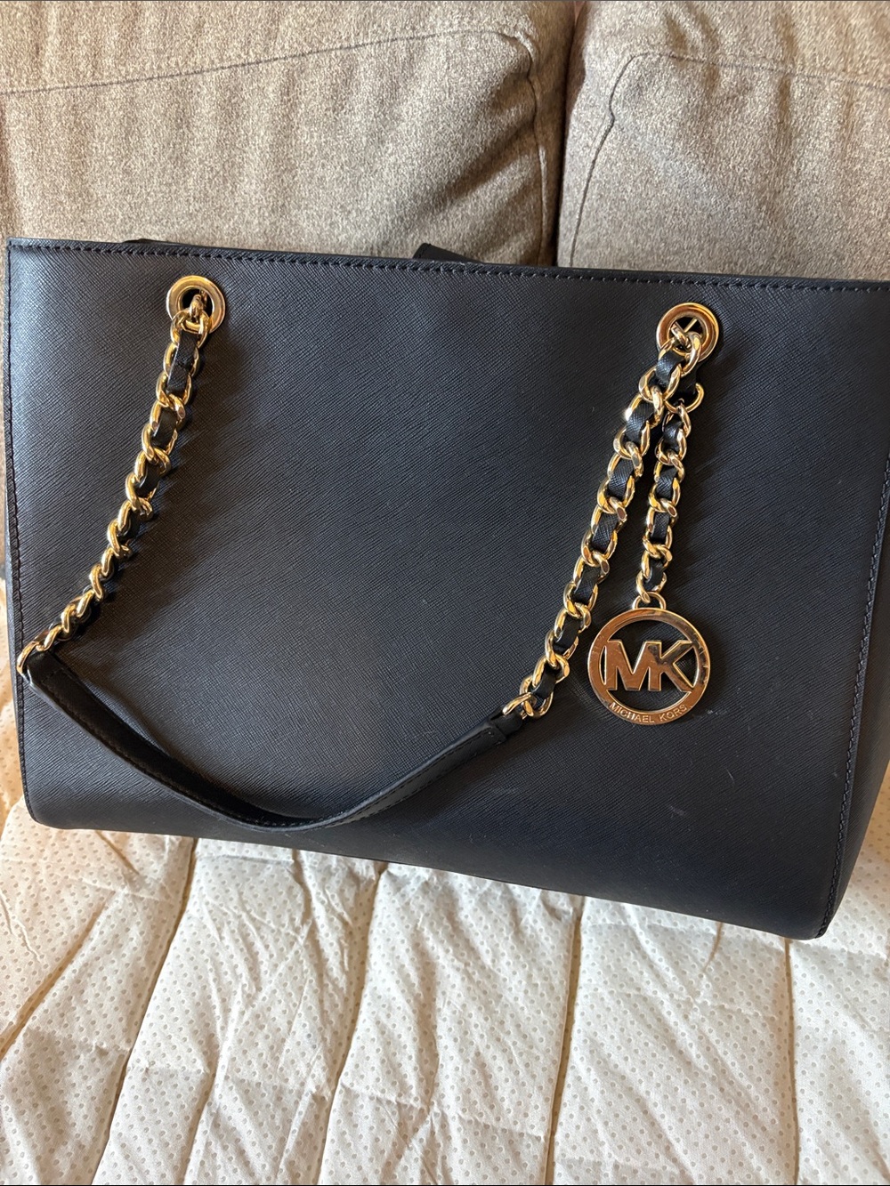 Michael Kors Black Saffiano Leather Tote with Gold Chain Strap and MK Charm